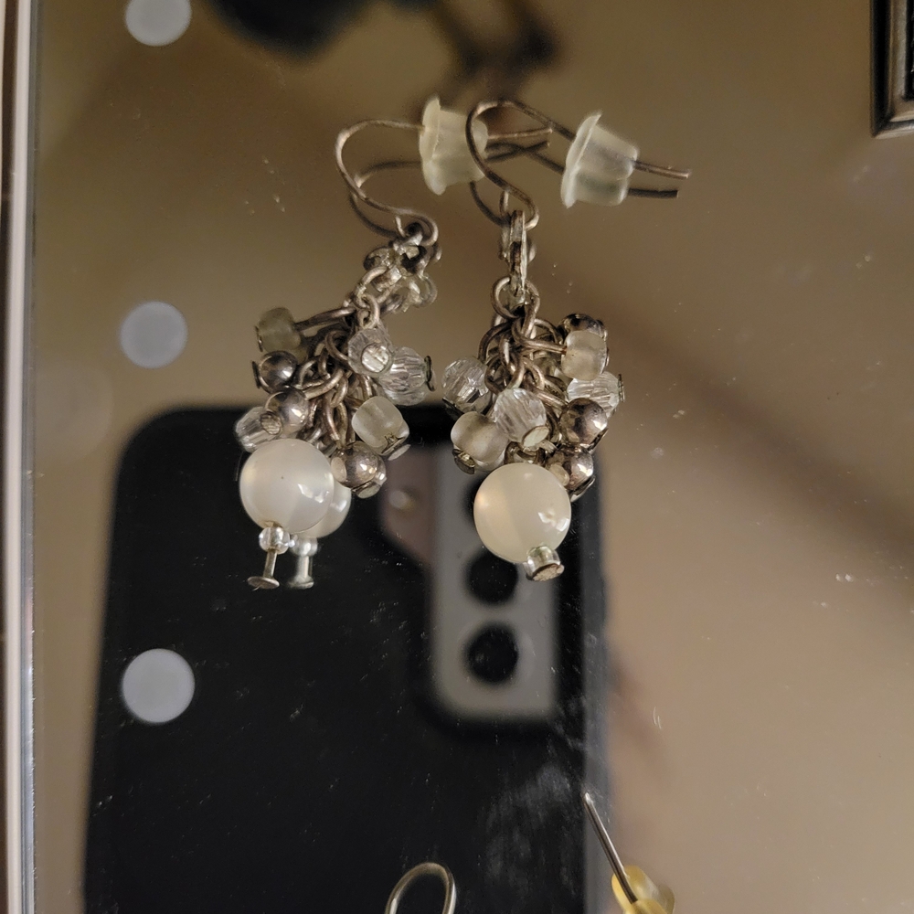 3/20$*Silver Cluster Drop Earrings with White Beads